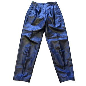 Vintage Lord & Taylor Pleated Navy Blue Leather Pants Tapered 90s Y2K Women's 4